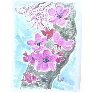 Art Original Sakura on a Trunk Flower Watercolor Painting 11x14in Matted